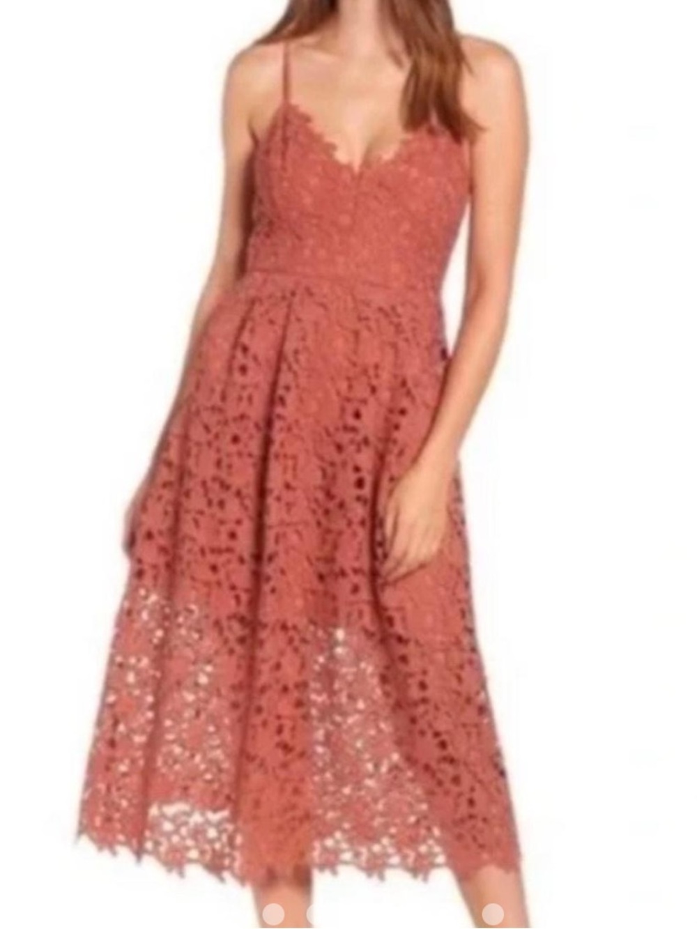 Astr Terracotta Lace Midi Dress with Spaghetti Straps